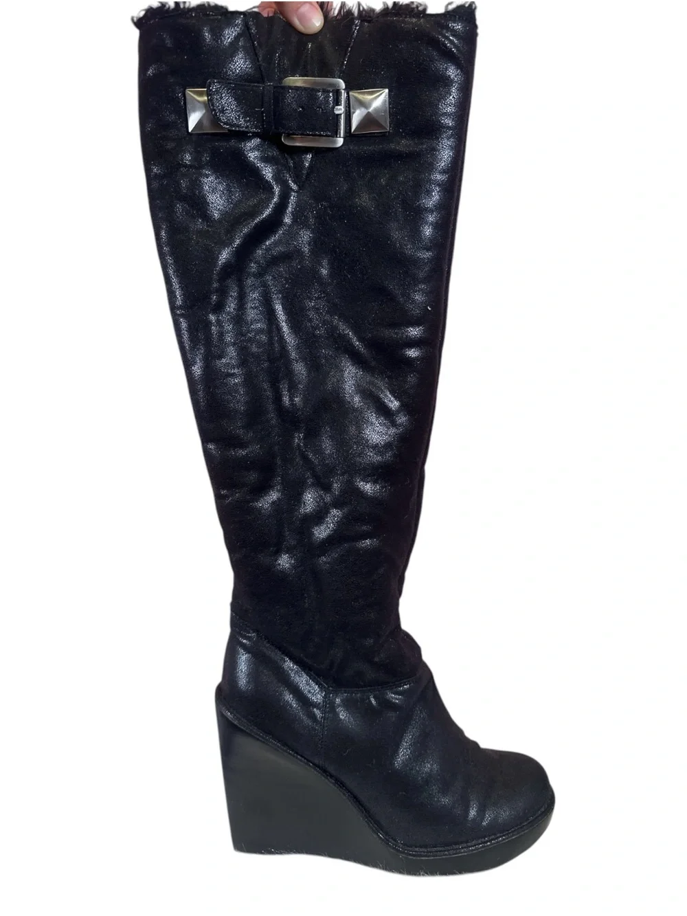 Michael Kors Black Knee-High Wedge Boots with Stud Buckle